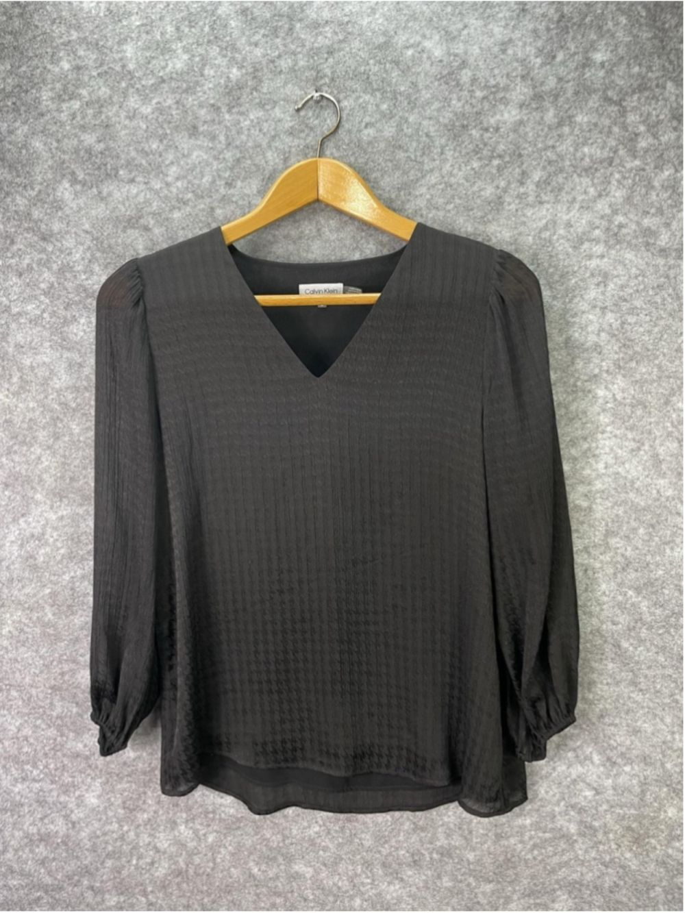 Calvin Klein Blouse Womens Medium Black Check Chiffon V Neck Long Sleeve Top